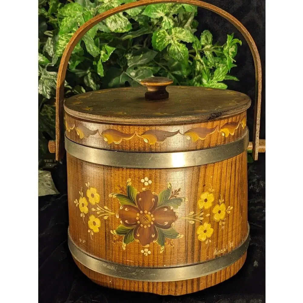 Vintage Norwegian Rosemaling Ice Bucket Hand Paint Signed Folk Art Tole Wood COA